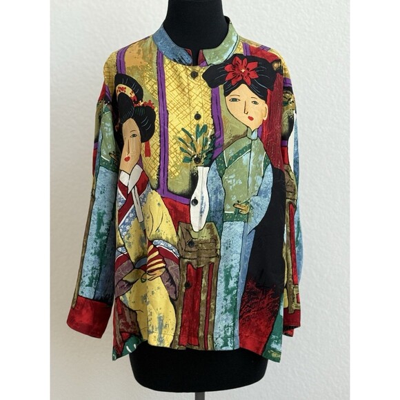 Chico's Design Women’s 3 Geishas Silk Blouse Button Up Oriental Novelty Artsy - Picture 1 of 6